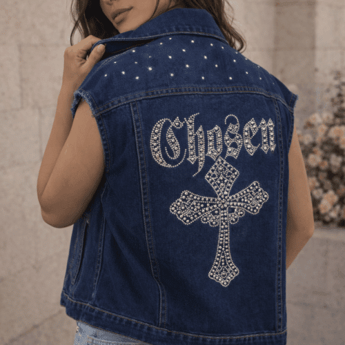 Chaleco / Vest Denim Cristiano “Chosen” con Cruz – Jacket sin Mangas de Fe Premium